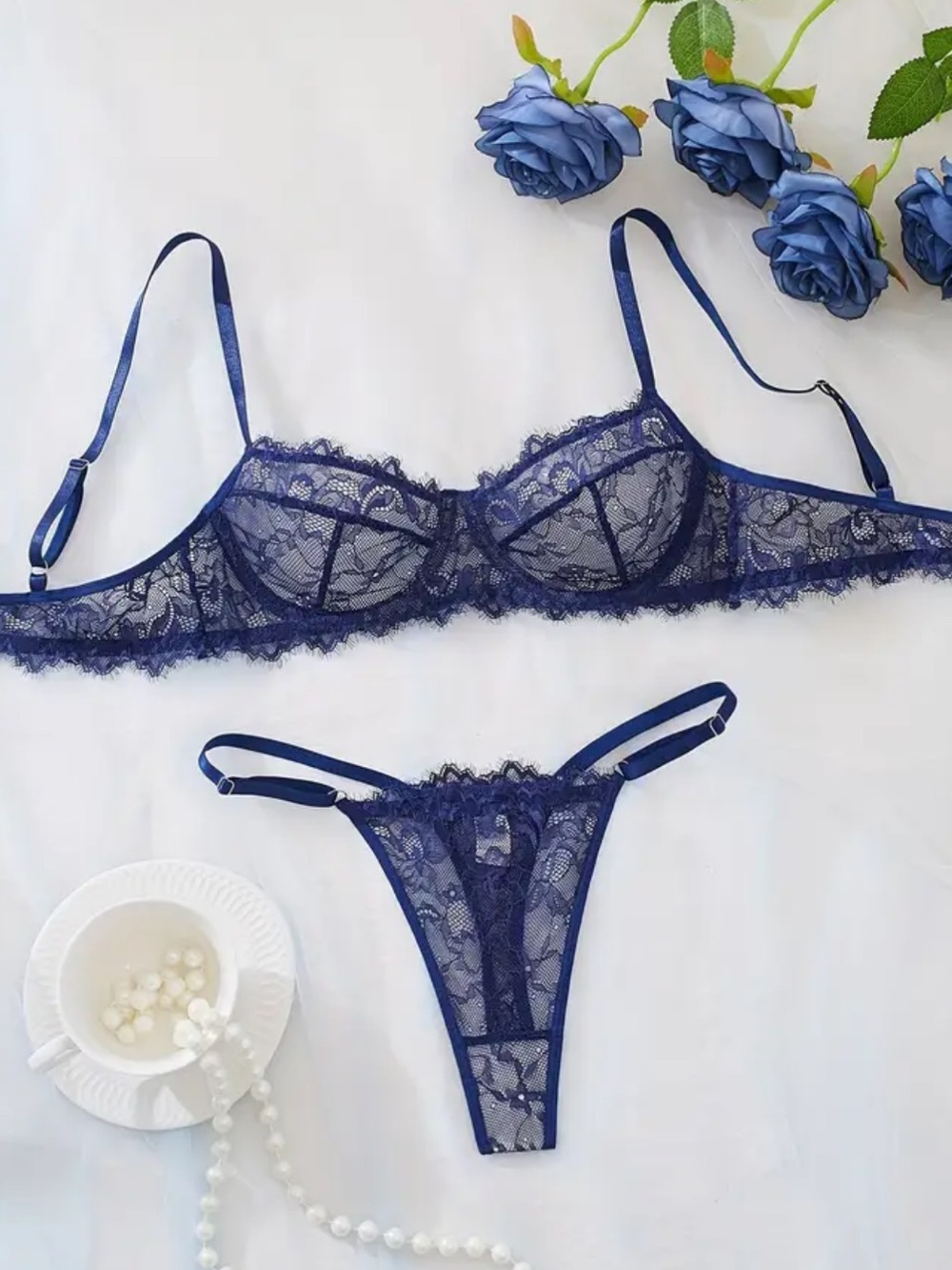 Navy Blue, Sheer, Underwire, Lingerie Set